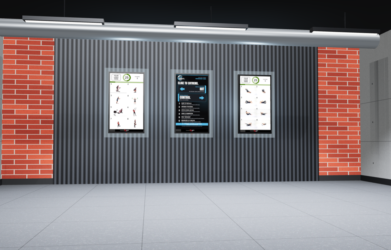 FitWall instalado en sala industrial con ladrillo visto
