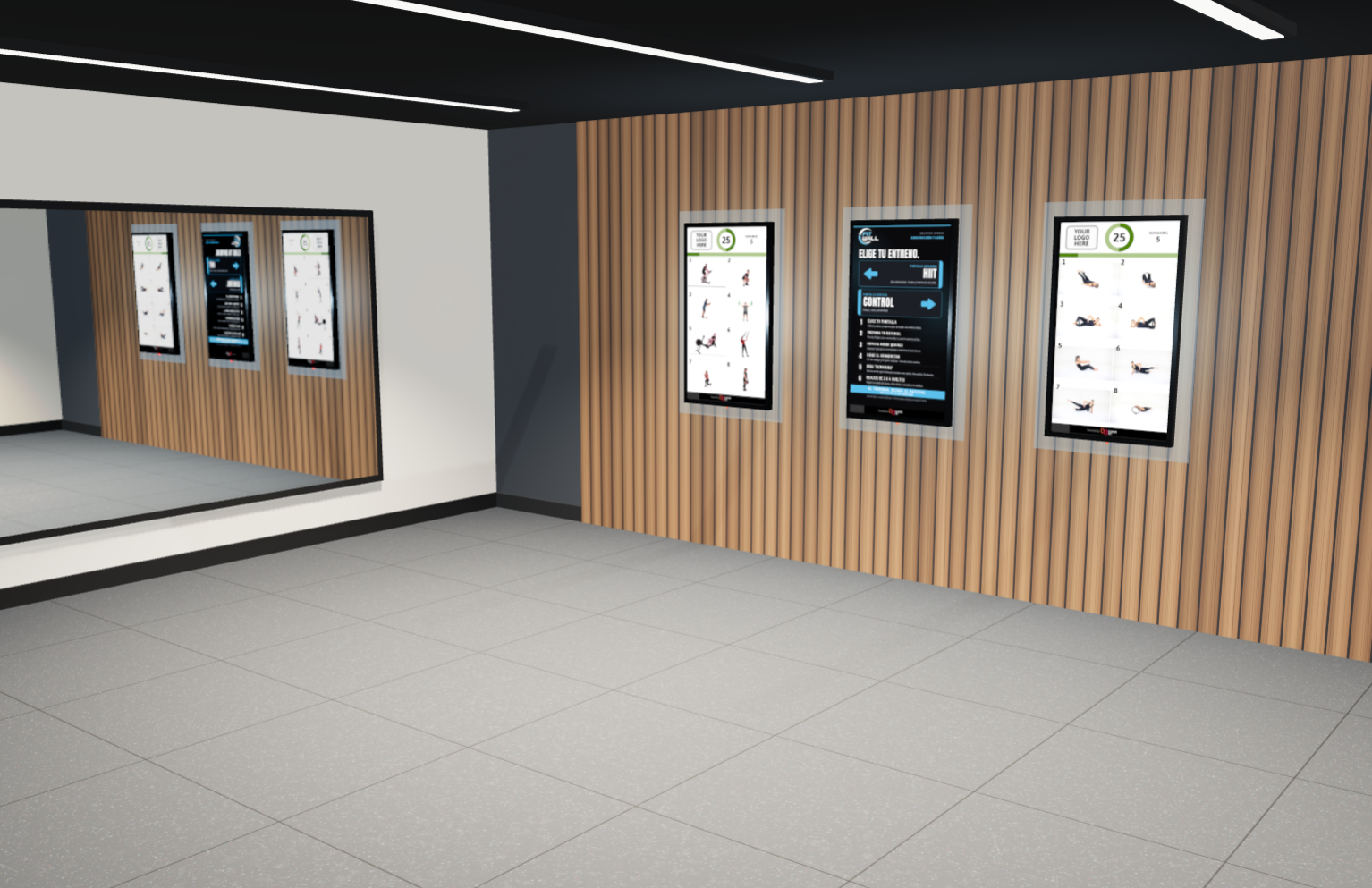 FitWall instalado en sala con panelado de madera y espejo